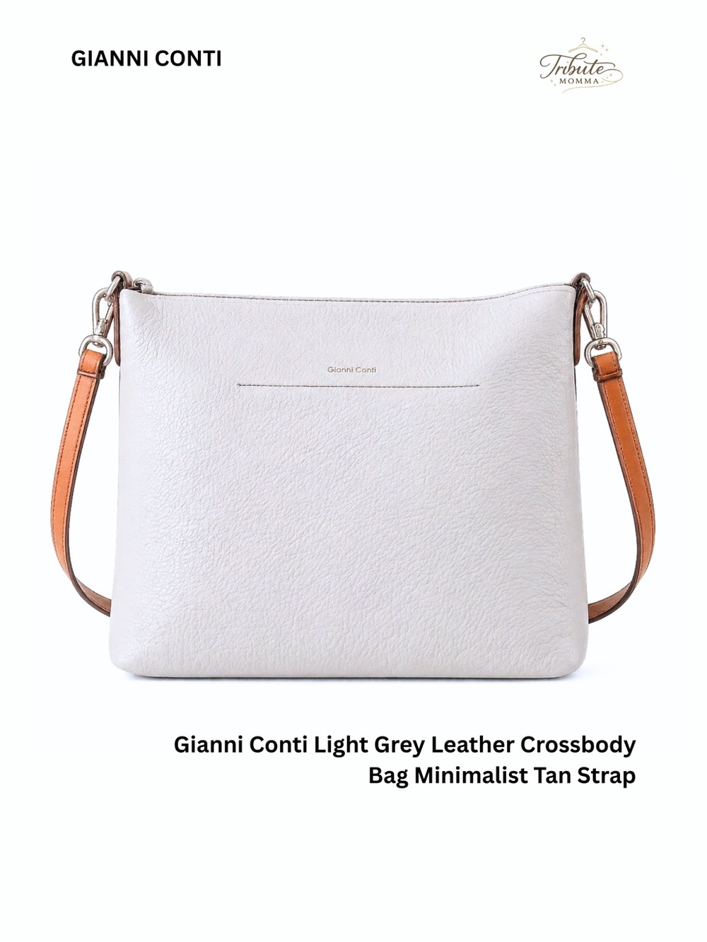 Gianni Conti Light Grey Leather Crossbody Bag Minimalist Tan Strap